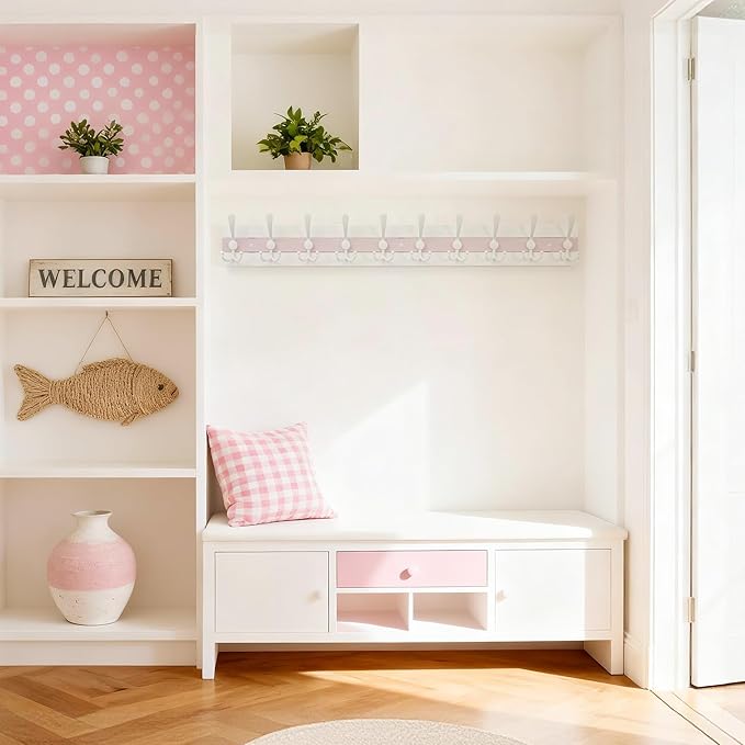 SKOLOO Coastal Coat Rack Wall Mount-38.12" Beach House Entryway Wooden Coat Hook with 10 Hooks for Hanging Coats, Hats or Towels, Oceanfront Cottage Core Collection, White & Palm Beach Pink, Pack of 2