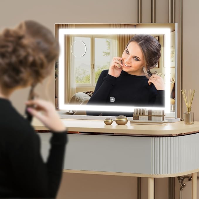 Makeup Vanity Mirror 24" x 19" Large LED Makeup Mirror, Desk Mirorr with Lights, Light up Mirror with 10X Magnification and, Dimmable 3 Modes, Touch Control White