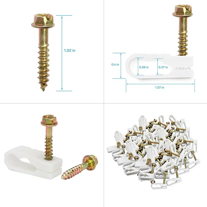 STEREN Coaxial Cable Clips - Cable Holder - Wire Clips - Siding Clips for Hanging - Cord Holder for Desk - Cable Clamps (White, 100 Count - Dual Screw)