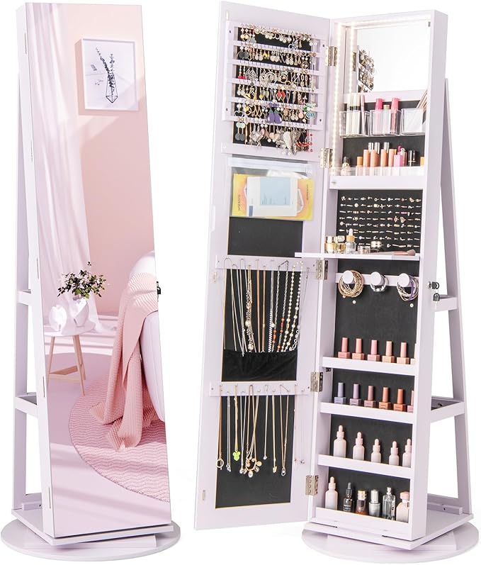 GOFLAME 360° Rotating Jewelry Cabinet with Full-Length Mirror, Freestanding Jewelry Armoire with 3-Color LED Light and Back Storage Shelf, Lockable Jewelry Organizer for Bedroom Cloakroom, Lavender