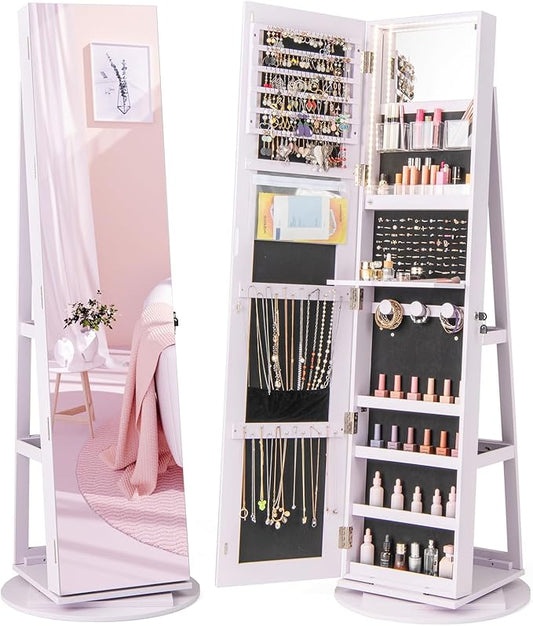 GOFLAME 360° Rotating Jewelry Cabinet with Full-Length Mirror, Freestanding Jewelry Armoire with 3-Color LED Light and Back Storage Shelf, Lockable Jewelry Organizer for Bedroom Cloakroom, Lavender