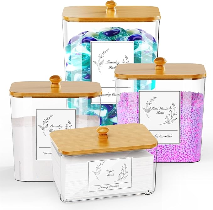 4 Pack Clear Laundry Pods Container & Dryer Sheet Holder, Plastic Square Laundry Room Organization and Storage Jars with Lids, Scoops & Labels for Detergent, Powder, Dryer Balls, Beads