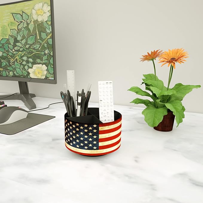 Hennaja Round Leather Art Supply Organizer,Remote Control Holder,360 Degree Rotating,Multi-Functional Pencil Holder,4 Compartments Desktop Stationary Organizer(1-American Flag)