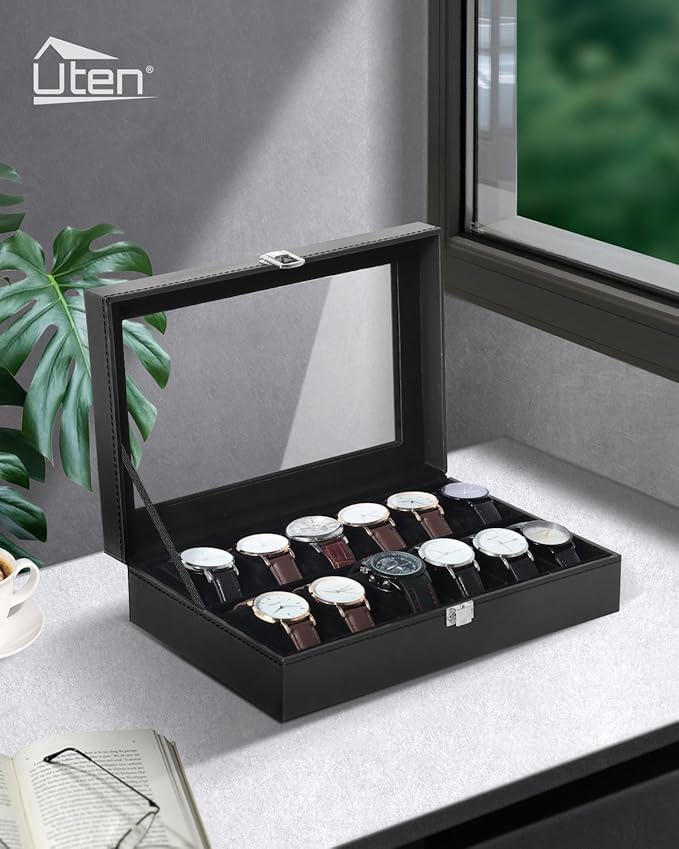 Uten Watch Boxes 12 Slots, Watch Box for Men, Watch Display Case, Watch Storage Box with Removable Cushion, Metal Clasp, PU Leather, Black