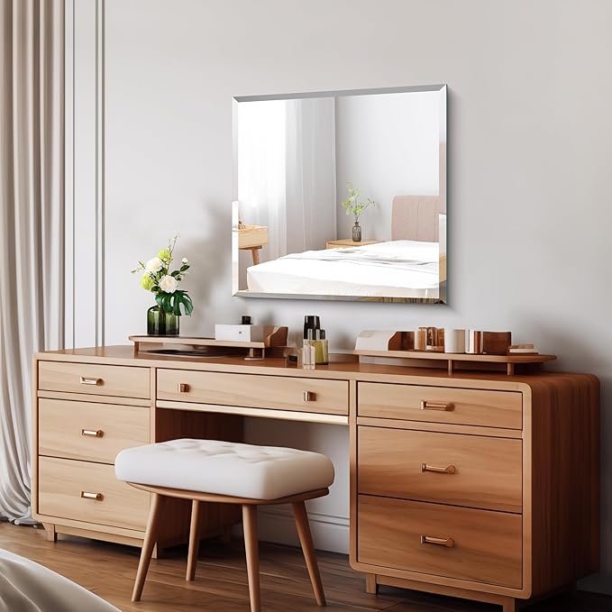 CILIBER Beveled Mirror, 24x24 inch Square Bathroom Mirrors for Wall, Upgraded Shatterproof Frameless Vanity Mirror Over Sink with Beveled Edge for Bathroom,Bedroom,Living Room and Entryway