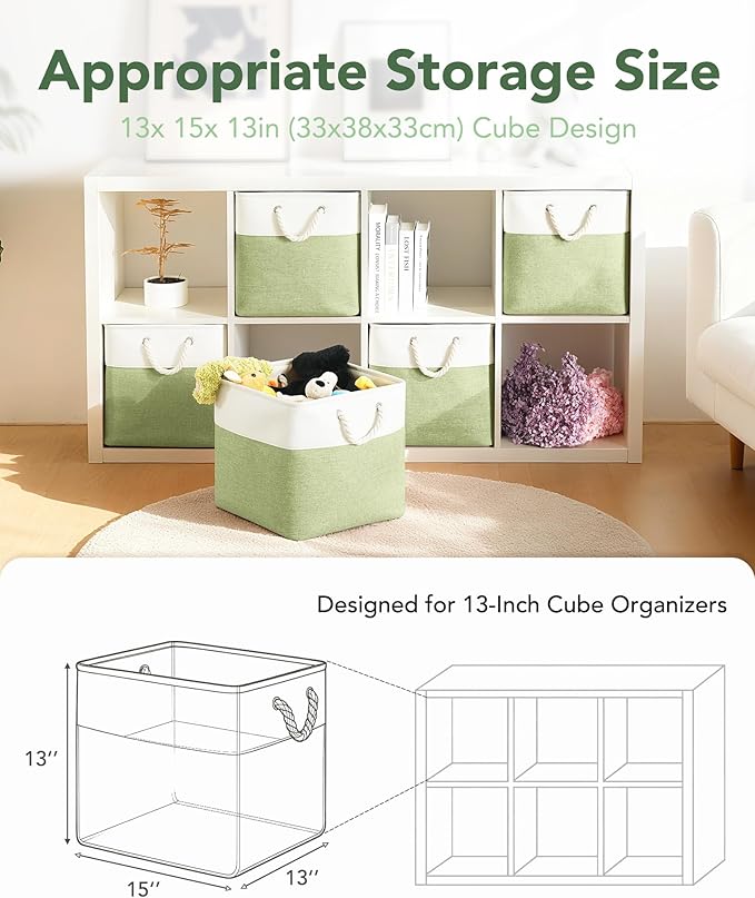 13x15x13 Storage Cube Bins, Heavy Duty Foldable Fabric Storage Bins with Handles and Metal Frame, 6 Pack Large Closet Organizer Bins for Clothes, Socks, Towels, White Green