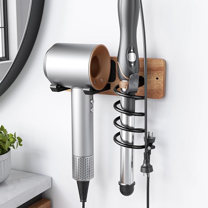 Tindbea Hair Dryer Holder Curling Iron Holder, Blow Dryer Holder Wall Mount, Bathroom Hair Tool Organizer Rack for Universal Dryer, Sapele Wood Matte Black