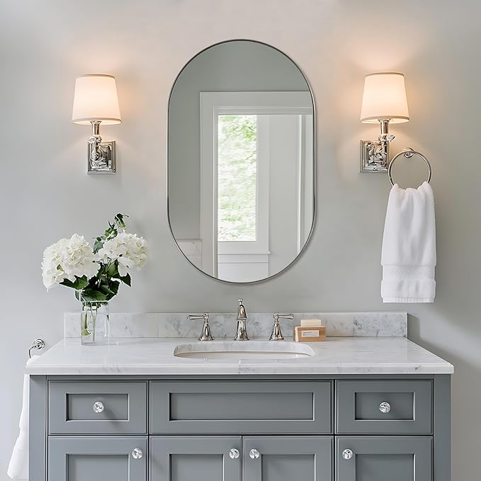 ANDY STAR Brushed Nickel Oval Bathroom Mirror, 20x33 inch Pill-Shaped Mirror for Wall HD Reflection Metal Frame Mirror for Bathroom Hang Vertical or Horizontal