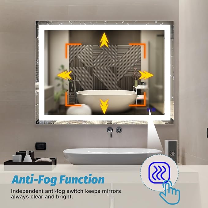 LED Mirror Bathroom 28"x36" LED Bathroom Mirror with Lights Front Lighted Mirror Smart Large Vanity Mirrors Makeup Colors Stepless Dimmable,Anti Fog,CRI95+,Memory Function