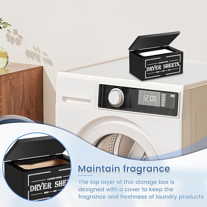 Dryer Sheet Holder with Lid, Wooden Laundry Room Organization and Storage, Large Capacity Softener Sheets Dispenser, Fabric Softener Container for Laundry Room Bathroom (Black)