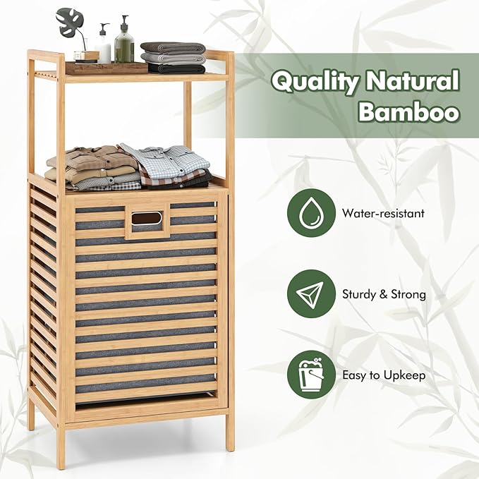 Giantex Tilt Out Laundry Hamper, Bamboo Laundry Storage Cabinet w/ 2-Tier Storage Shelves, Foldable & Removable Basket, Freestanding Laundry Basket Organizer for Bathroom Laundry Room Bedroom