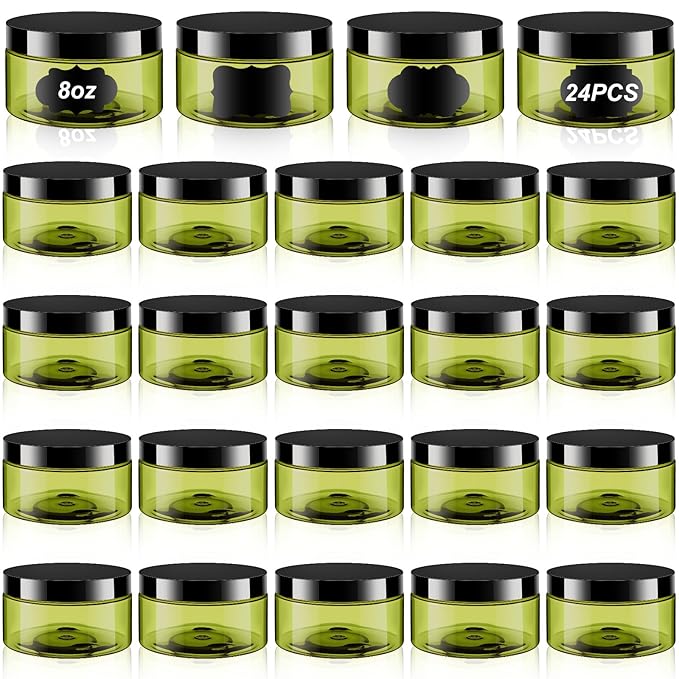 Dandat 24 Pcs 8 oz Plastic Jar Container with Lid and Label Refillable Empty Round Green Pet Cosmetic Sample Slime Containers for Lotion, Cream, Ointments, Body Butter, Makeup, Travel Storage