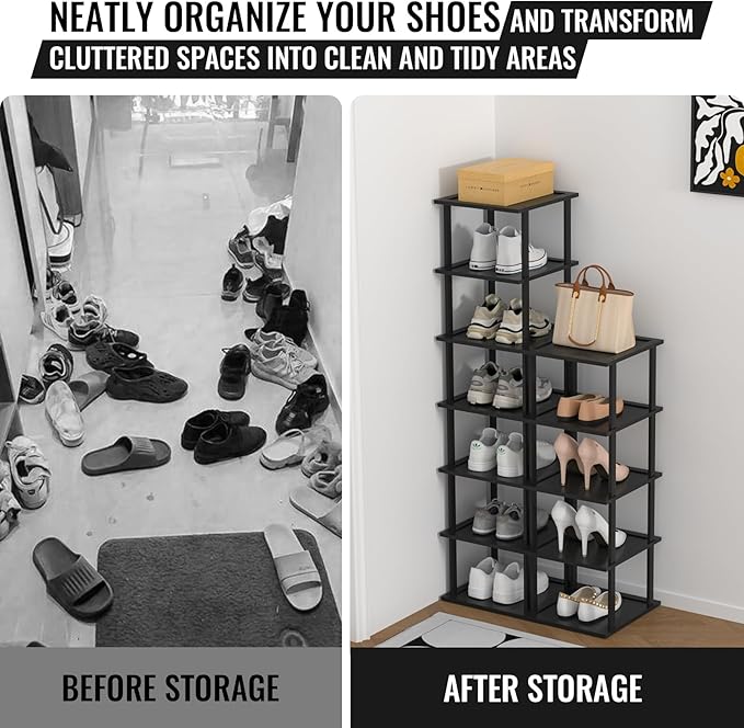Bamboo Free Standing Shoe Rack Shelf Multi Tier Tall Wooden Stackable Shoes Rack Organizer for Closet Front Door Entrance Narrow Vertical Shoe Storage (Black, 12 Tiers)