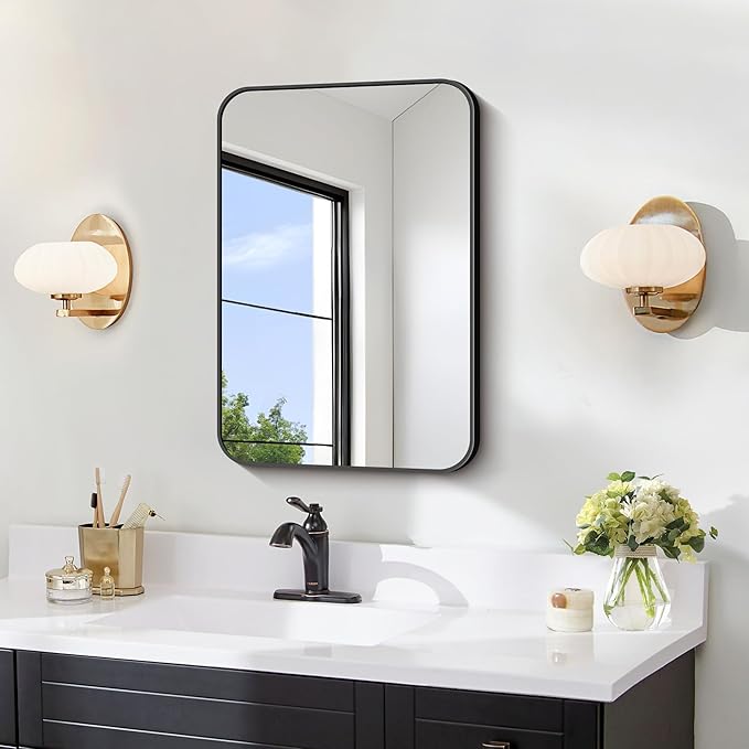 FORBATH Black Bathroom Mirror for Over Sink, Wall Mirror 16x24 Inch with Metal Frame, Rounded Corners for Bathroom, Bedroom, Entryway Décor