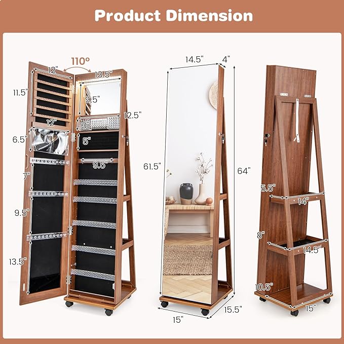 CHARMAID Jewelry Cabinet Armoire with Wheels, 64" H Full Length Mirror, 3-Color LED Lights, Height Adjustable Shelves, Lockable Standing Jewelry Organizer with Back Storage Shelves (Walnut)