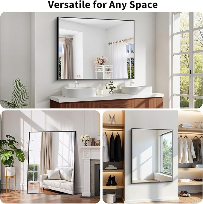 Koonmi Black Framed Bathroom Mirror - Shatterproof 36"x48" Tempered Glass, HD No Distortion, Horizontal/Vertical Mount, Modern Matte Aluminum Alloy Frame