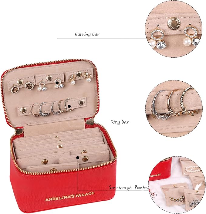 Angelina's Palace Snakeskin Pattern Jewelry Organizer Case Bridesmaid Gifts Travel Bag Vegan Leather Box for Necklace Earring Bracelet Ring(Red)