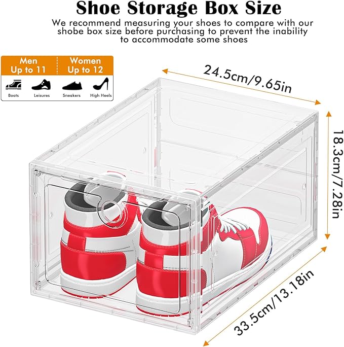 12 Pack Upgrade Harder Shoe Organizer, Shoe Storage with Magnetic Front Door, Clear Shoe Boxes Foldable Space-Saving Shoe Rack for Sneaker Boot Container, White