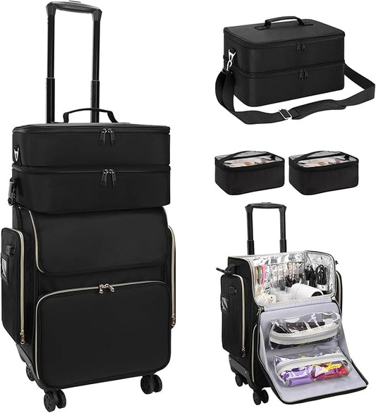 OCHEAL Hairstylist Traveling Case with a Large Makeup Travel Case for Hairstylist, Hairdresser Bag with Detachable Pouch,360° Rotatable Wheelsfor Hairdressing Tool Organizer