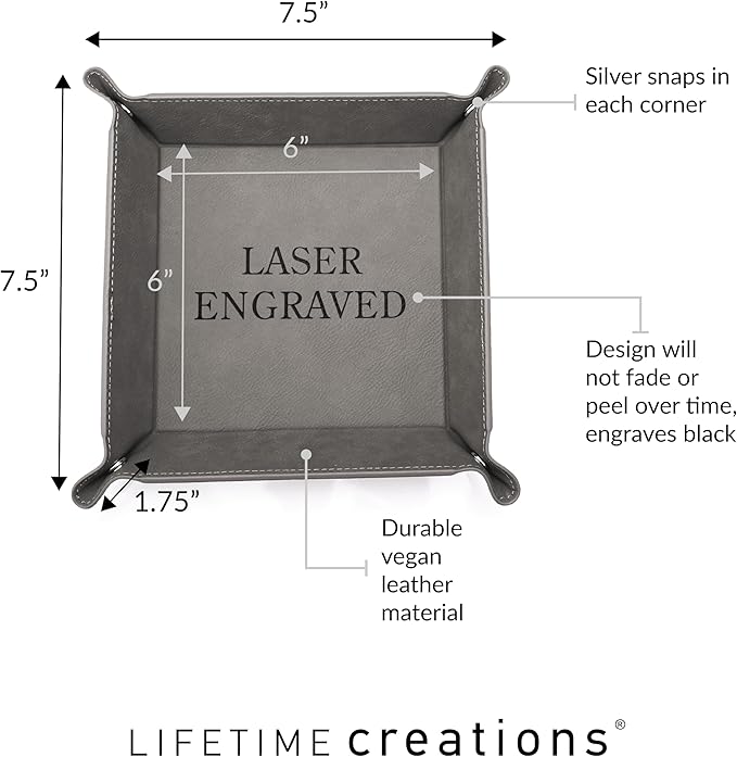 Lifetime Creations Create Your Own Personalized Valet Tray (Gray) - Custom Vegan Leather Snap Catchall, Desk Organizer, Groomsmen Gift