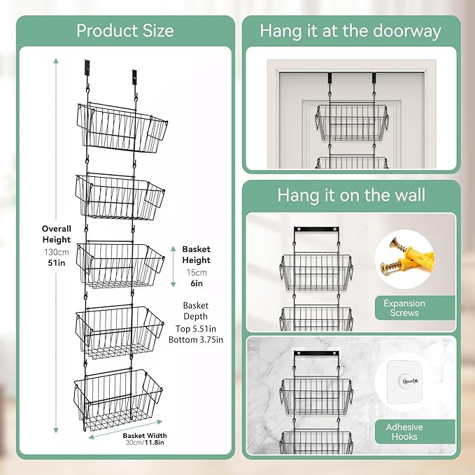 Over The Door Organizer – 5 Removable Hanging Baskets, Back of Door Storage for Bathroom, Kitchen, Pantry & Garage, No Tools Needed, 3 Installation Methods (Wall/Door Mount) Black