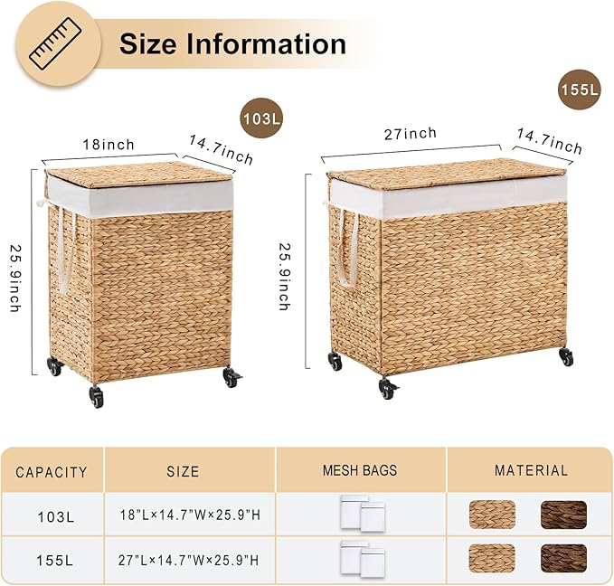3-Section Laundry Hamper with Lid, Large Capacity Woven Natural Water Hyacinth Laundry Sorter with Removable Liners, Rolling or Non-Slip Design for Bedroom (Natural, 3-Section)