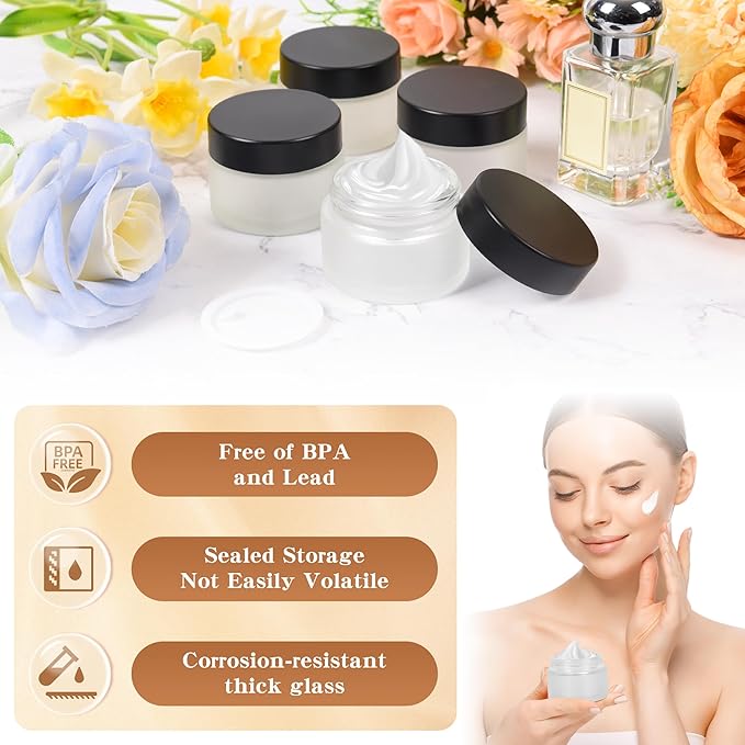 1 oz Glass Jars with Lids, Empty Cosmetic Jars, Airtight Containers with Inner Seal for Creams, Balms, Ointments, DIY Crafts, Salves (48 Pack, Clear Frosted)