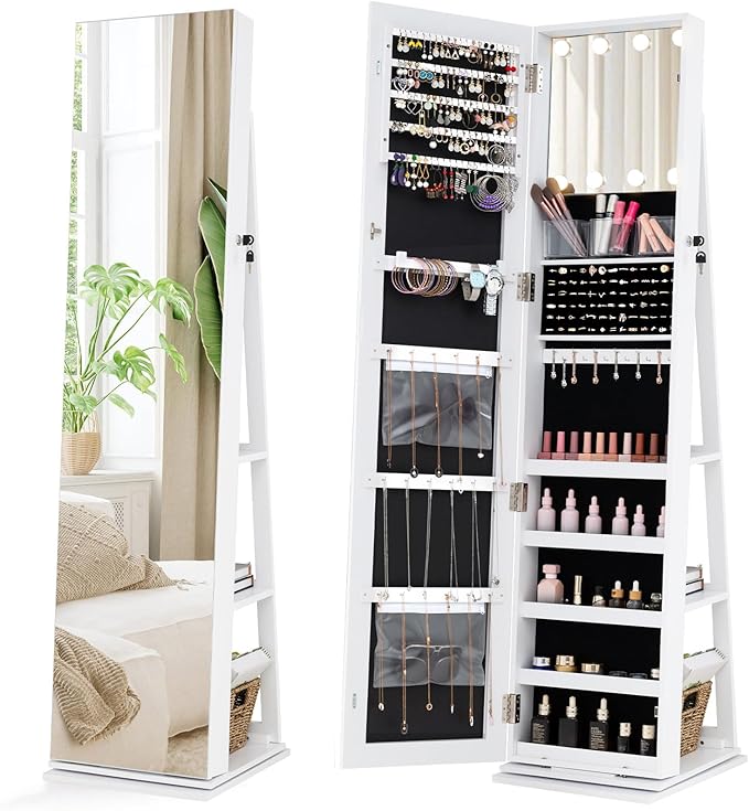 CHARMAID Swivel Jewelry Armoire with Full-Length Mirror & Lighted Makeup Mirror, 360° Rotating Jewelry Cabinet Organizer for Earrings, Rings, Necklaces, Bracelets, Back Storage Shelves (White)
