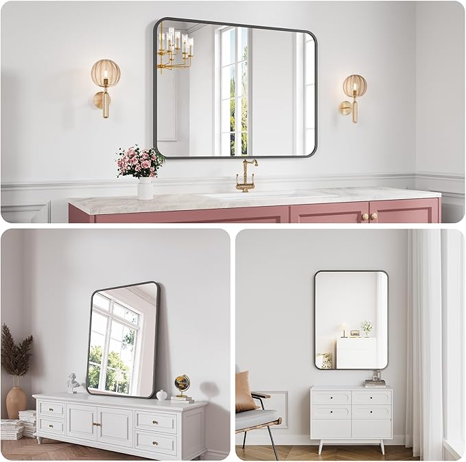Koonmi Bathroom Mirror, 30X40 Inch Black Metal Framed Mirror for Bathroom, Tempered Glass, Anti-Rust, Rounded Rectangle Mirror for Restroom, Bedroom, Black