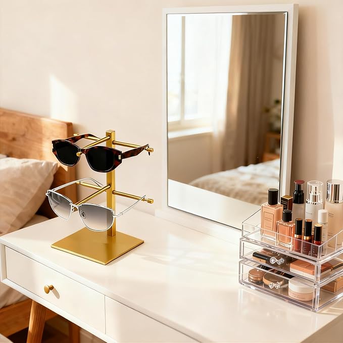 2-Tier Sunglass Display Stand,Sunglasses Organizer, Titanium Brushed Eyeglass Holder Stand, Gold Sunglasses Rack for Homes, Offices, Boutique Shops（PATENT PENDING
