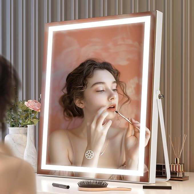 Hasipu Vanity Mirror with Lights, 11.4" x 13.8" LED Makeup Mirror with 10X Magnification, Smart Touch 3 Colors Dimmable, Brightness Adjustment, 360° Rotation, White
