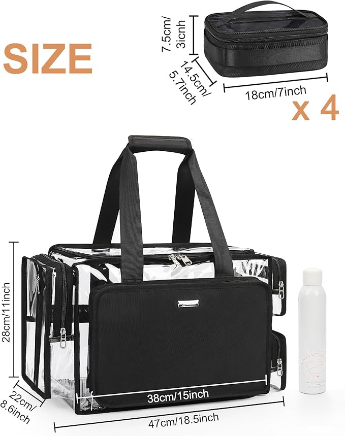 Relavel Clear Makeup Bag with 4 Small Pouches, Extra Large Makeup Artist Kit Set, Cosmetic Storage Organizer Transparent Tote Beach Toiletry Bag with Adjustable Dividers & Shoulder Strap