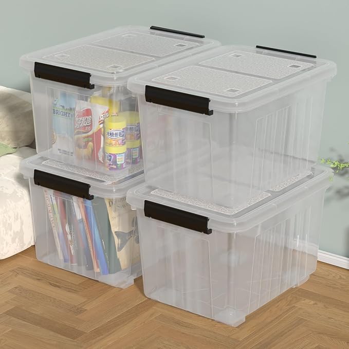 50 L Plastic Storage Bin with Wheels, Large Clear Latching Storage Box, 4 Pack