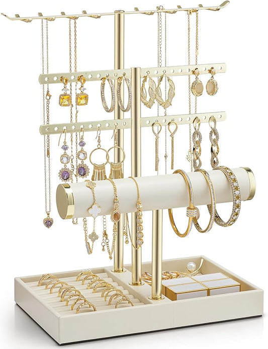 Vlando 3 Tier Jewelry Stand Organizer with Tary, Leather Jewelry Holder Display for Women, Gold Jewlery Holder Display for Necklace, Earring, Bracelet, Rings - Cloud White