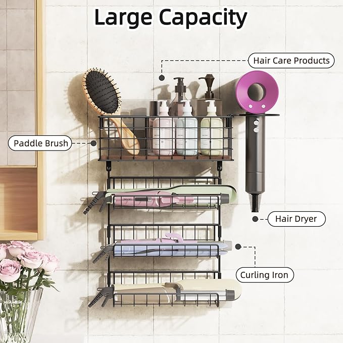 3 Tiers Hair Tool Organizer Wall Mounted, Holds 2 Curling Irons Per Shelf Heat-Resistant, Storage Basket for Hair Tools, Adhesive and Screw Mount for Hair Dryer Straightener in Bathroom Cabinet, Black