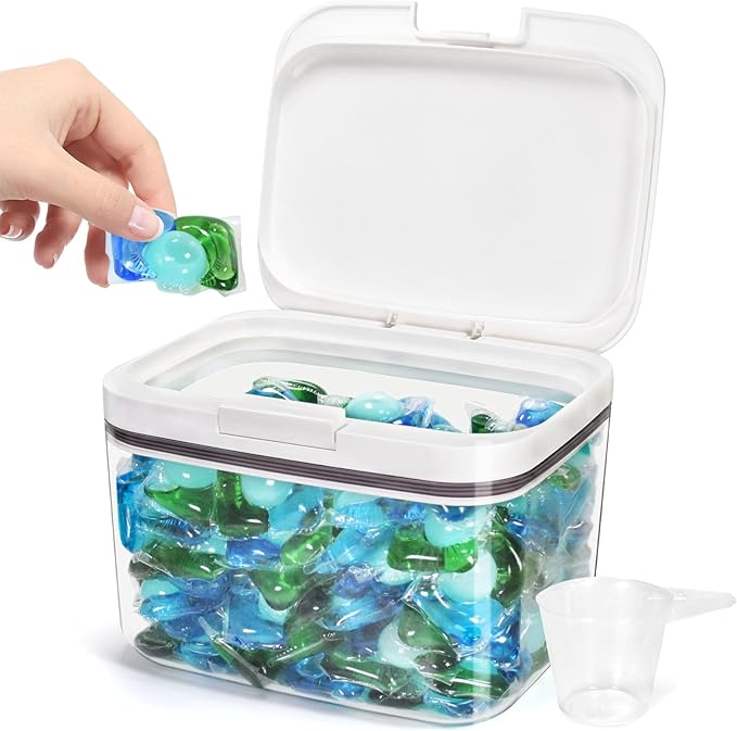 Laundry Pods Container Holder with Lid, Laundry Room Storage Container for Detergent Pods Laundry Powder Scent Booster Container with Scoop