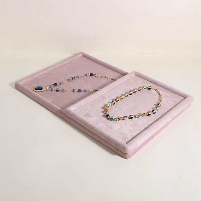 Rectangle Jewelry storage organizer plate, Velvet Jewerly display tray, Empty showcase tray for Necklace Bracelet Ring Earring【Pink-Medium, 11.8 x 8.7 in 】