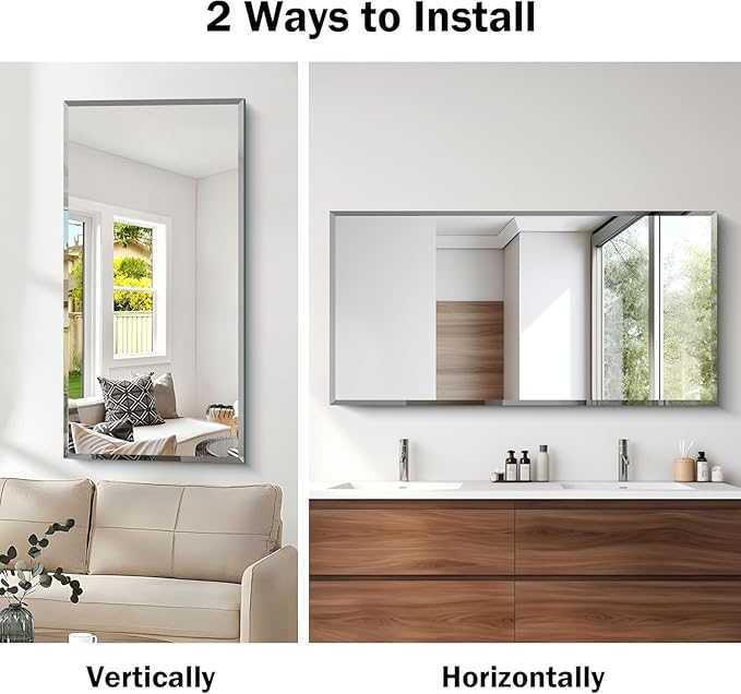 CILIBER Beveled Mirror, 24x48 Beveled Bathroom Mirrors for Over Sink, Upgraded Shatterproof Beveled Frameless Vanity Mirror for Bathroom,Bedroom,Living Room and Entryway