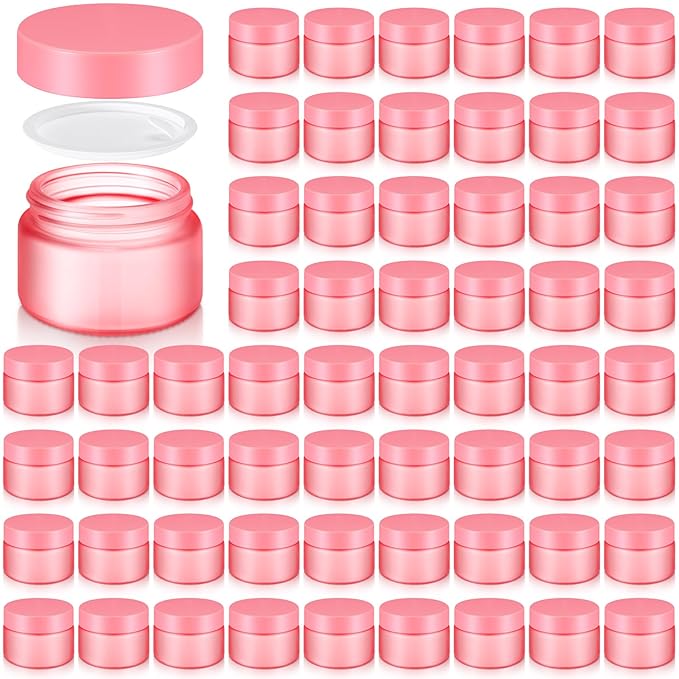 Domensi 60 Pcs 1oz Glass Jars with Lids Bulk Salve Tins Winter Cream Container Small Glass Candle Cosmetic Jars for Travel Lip Balm with Inner Liners for Lotion Sample Cream(Pink,Pink Lids)