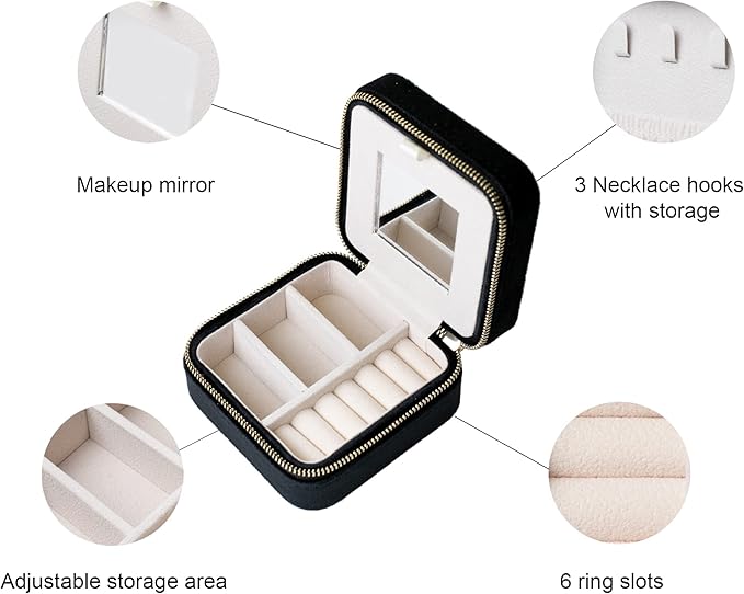 Customizable Compact Velvet Jewelry Box with Mirror, Travel Jewelry Case, Travel Jewelry Organizer, Jewelry Box for Women and Girls, Small Jewelry Organizer (Flower Design, Black)