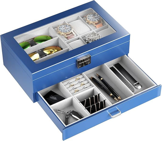 ProCase Lacquered Finish Wooden Men's Jewelry Box, 6 Slots Watch and Sunglasses Box Organizer for Men, 2-Tier Watch Holder Display Cases with Glass Top and Storage Drawer -Blue