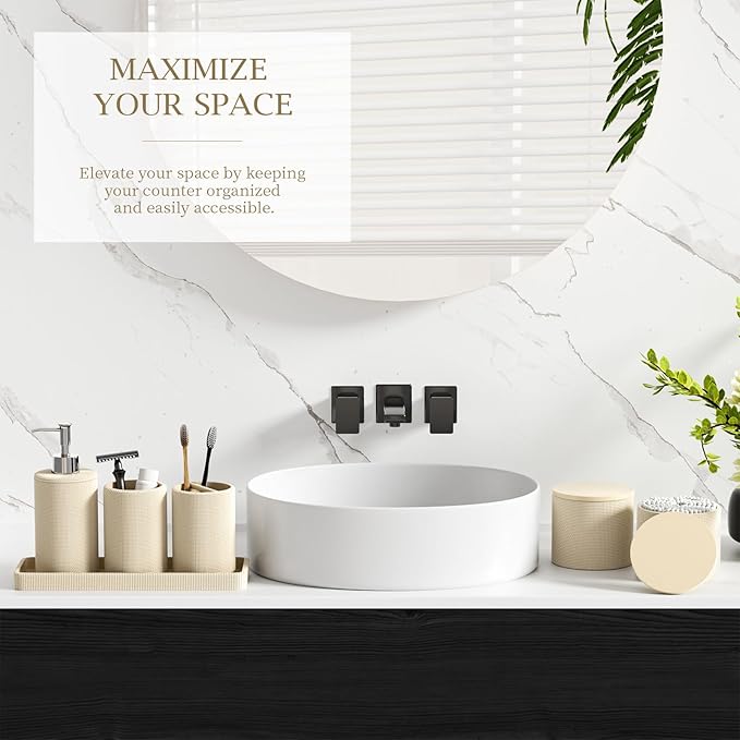 6-Piece Beige Bathroom Set - Mesh Textured Resin Bathroom Accessories Set with Soap Dispenser, Toothbrush Holder, Cup, Vanity Tray & Apothecary Jars for Small Spaces