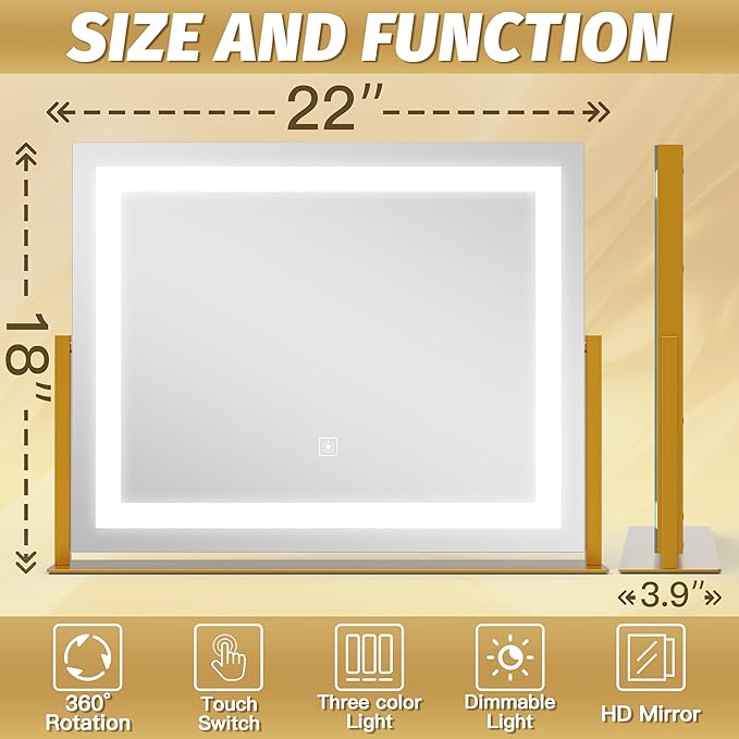 FENNIO Vanity Mirror with Lights 22''x18'' Makeup Mirror with Lights,Lighted Makeup Mirror with 10X Magnification ，Smart Touch Screen with 3-Color Lighting,Dimmable（Square Gold）