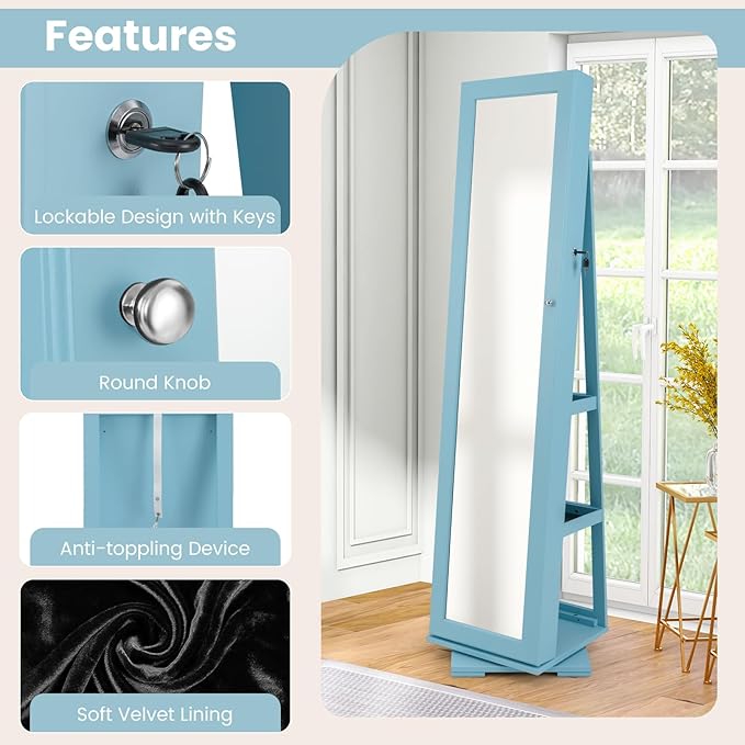 360° Swivel LED Mirror Jewelry Cabinet with Full Length Mirror, Lockable Floor Standing Mirrored Jewelry Armoire Organizer w/Inside Makeup Mirror & Back Storage Shelves, Space-Saving (Sky Blue)