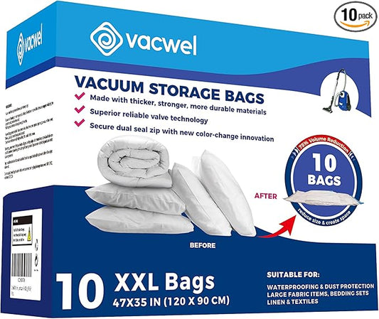 10-Pack XXL - Jumbo Vacuum Storage Bags - Space Vacuum Storage Bags for Clothing Space - Ideal for Comforters, Blankets & Sealing Large Oversize Clothing Post-Winter - 10x XXL Size (47x35in)