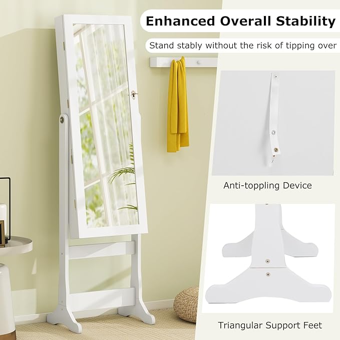 COSTWAY Standing Jewelry Cabinet, Large Storage Jewelry Armoire with Full Length Mirror, 4 Adjustable Angles & 2 LED Lights for Women, Girls (White)
