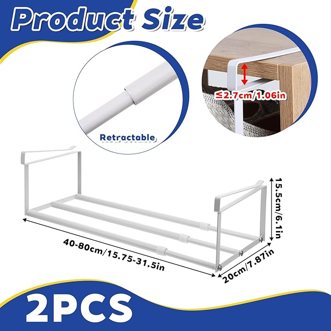 2 Pcs Expandable Shoe Rack Organizer, Hanging Shoe Shelf Under Cabinet Storage Shelf with 3/4 Inch Thick Clips, Retractable Space Saving Rack for Closet Pantry Laundry Room (White, 16.5-31.5 Inch)