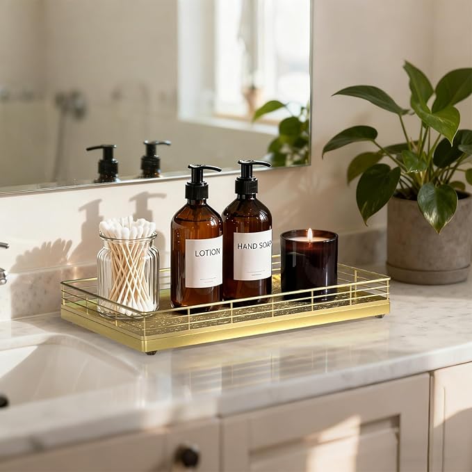 Large Bathroom Vanity Tray – 13" x 8" Oak Decorative Wooden Tray for Bathroom Countertop & Vanity Organizer, Rectangular Wood Tray for Perfume, Skincare, Storage, Vanity Dresser Counter Decor, Gold