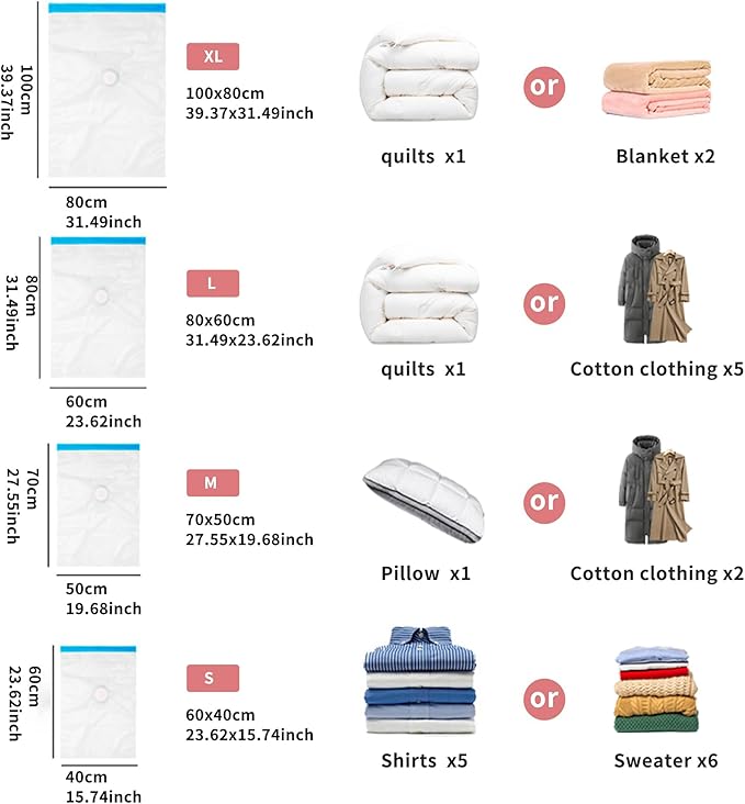 12 Pack Reuseable Vacuum Storage Bags with Electric Pump, Vacuum Seal Space Saver Bags for Clothing, Travel, Blanket, Bedding, Moving Home, and Organisation (3 Jumbo, 3 Large, 3 Medium, 3 Small)