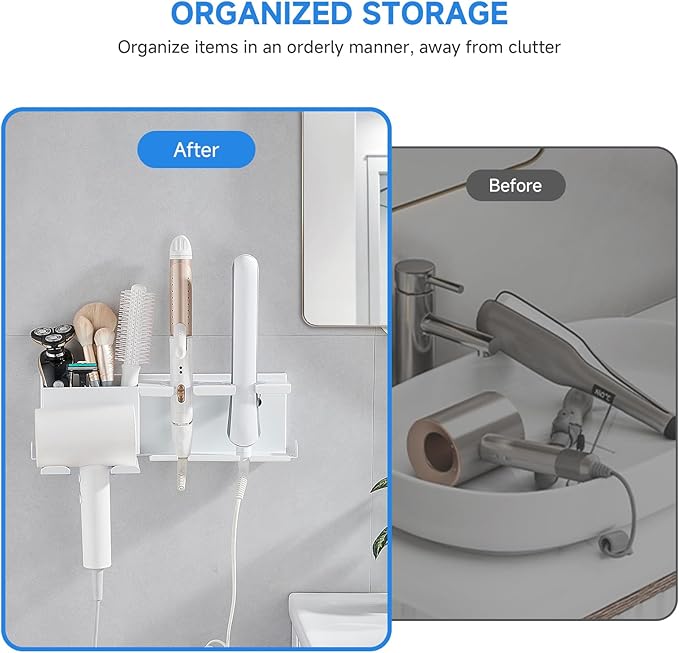 Hair Tool Organizer Wall Mounted,Hair Dryer Holder,blow dryer,curling iron,Straightener holder,Metal 3 in 1 Bathroom Bedroom Hair Accessories Tools Organizer Rack.White